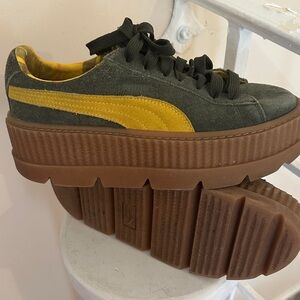 Fenty Beauty Olive Suede Sneakers with Yellow Plaid Lining and Gum Sole